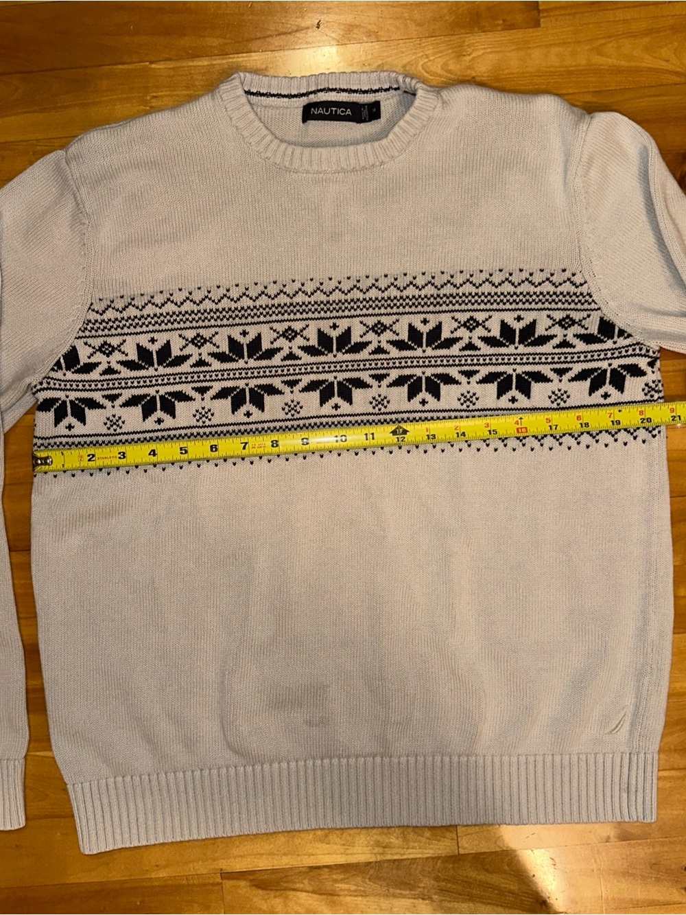 Nautica Mens M Fair Isle Sweater Gray Black 100% Cotton Nordic Crewneck - Picture 4 of 8